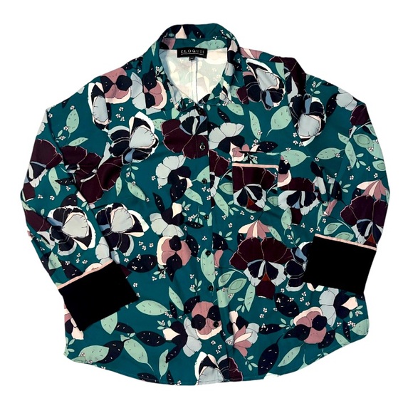 Eloquii Y2K Button Down Floral Shirt Green Pink Black Blouse Size 16 - Picture 1 of 7